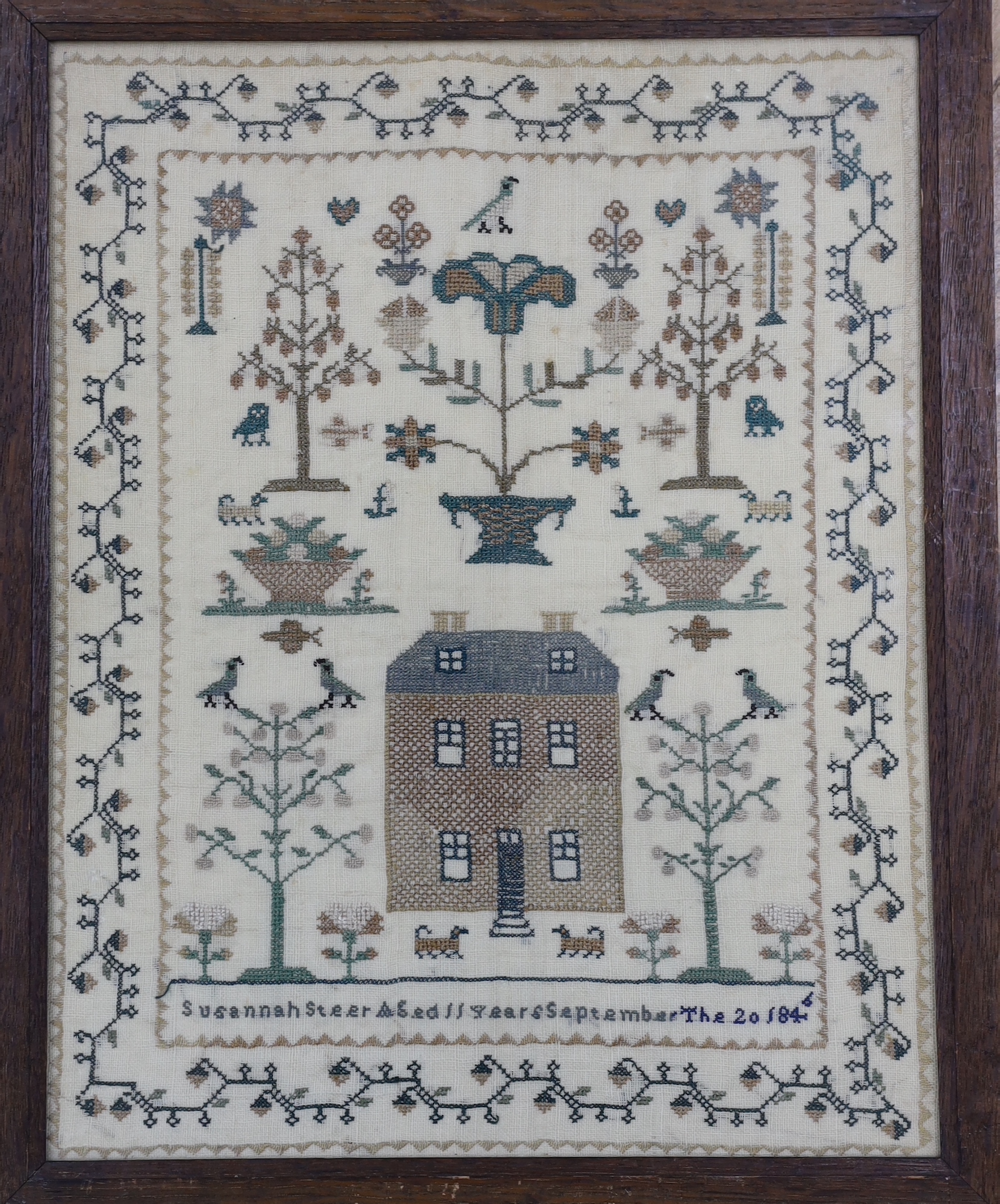 Two framed and dated samplers, one by Ellen Steer aged 8years, dated 1847, the other by Susannah Steer aged 11 years dated 1846, both worked in cross stitch motifs of trees, animals and butterflies, the larger worked als